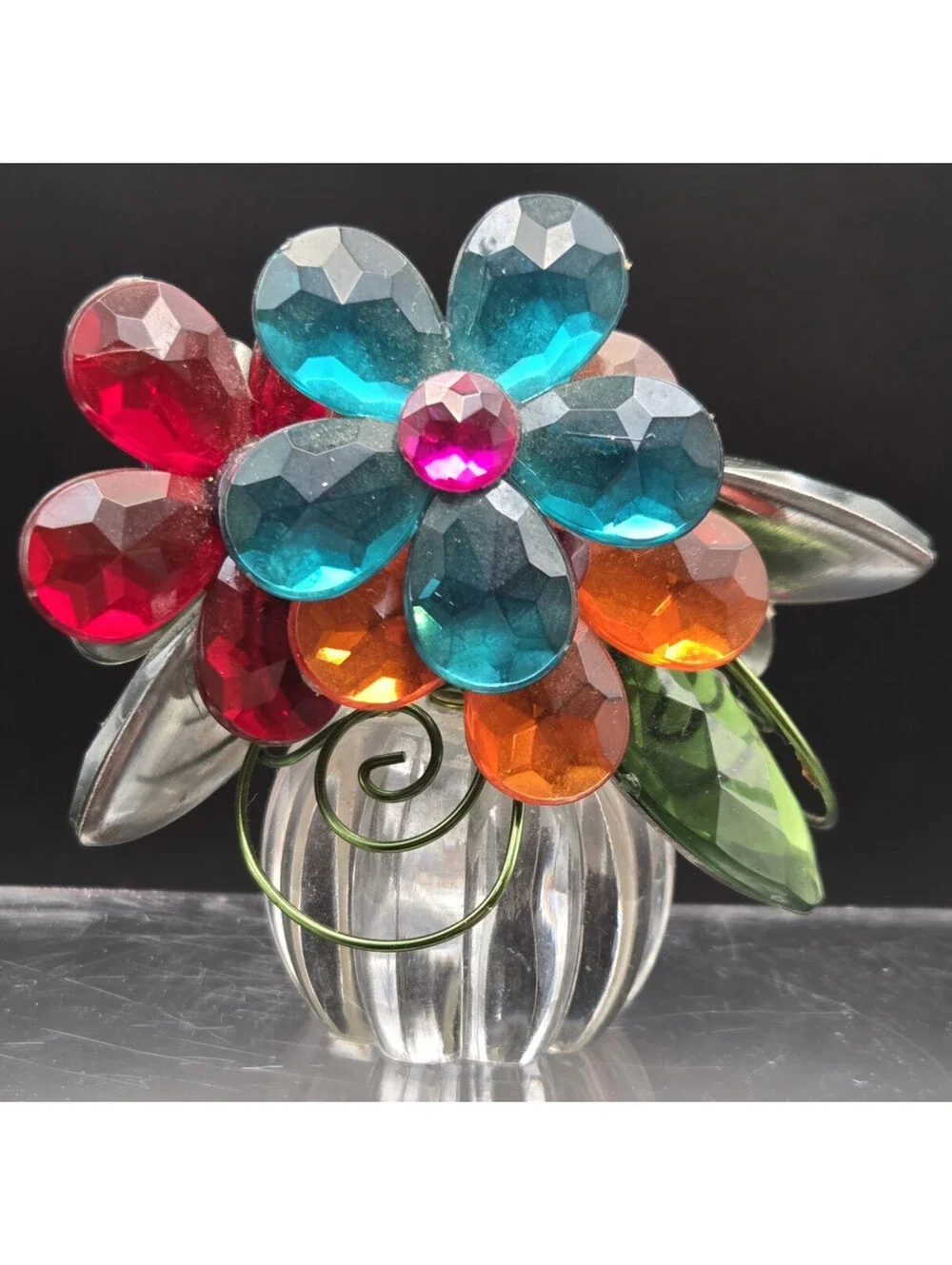 Crystal Expression Ganz 5 Flower Posy Pot Pinks Clear Green Blue Appx 3” Tall